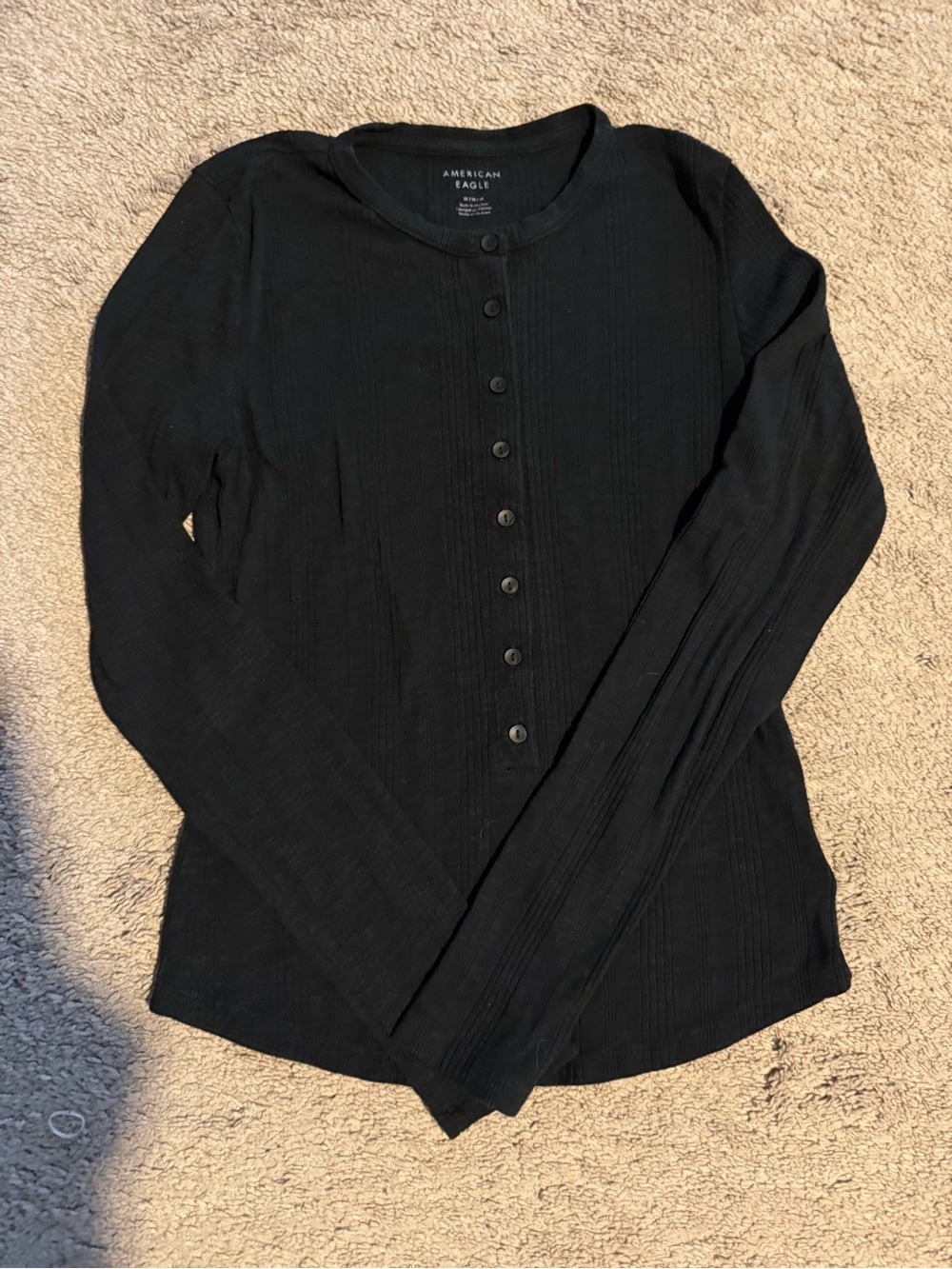American Eagle Outfitters Black Ribbed Button-Up Long Sleeve Top